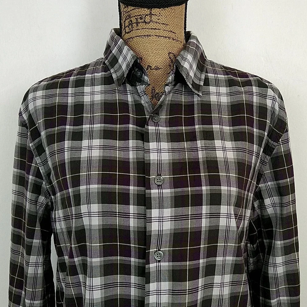 John Varvatos U.S.A. Button Down Shirt Mens M Black White Plaid Long Sleeve